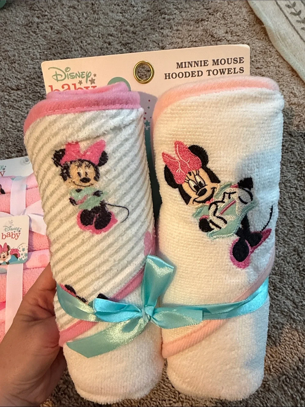 Disney Baby Minnie Mouse Pink and White Hooded Towels with Matching Washcloths